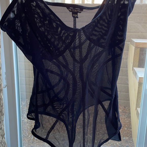 NWT S GUESS women MELINDA contour bodysuit mesh transparent corset piping black - Picture 12 of 12